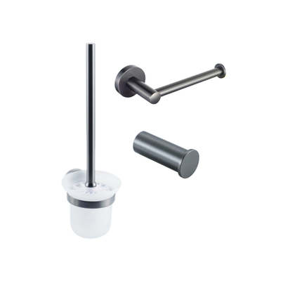 Fortifura Calvi Pack WC 3 pièces - porte-rouleau sans couvercle - brosse de toilette - crochet à serviette simple rond - Gunmetal PVD brossé