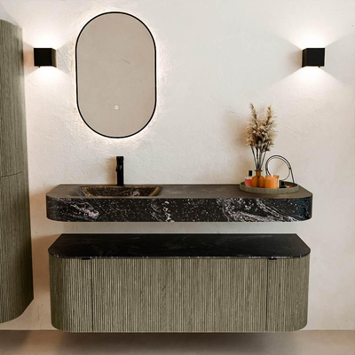 MONDIAZ THOR-DLUX 140cm meuble de salle de bains arrondi gauche + droite couleur Shadow avec 1 tiroir et 2 portes. Vasque suspendue CLOUD Gauche 1 trou de robinet couleur Lava.