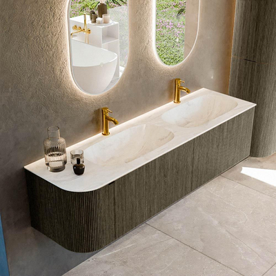 Mondiaz KURVE-DLUX Badkamermeubelset - 165x46x40cm - 2 lade - 1 deur - wastafel solid surface - dubbel / rechts - 2 kraangaten - Shadow