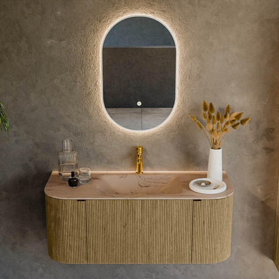 MONDIAZ KURVE-DLUX Meuble de salle de bains 110cm arrondi Gauche + Droite couleur Dusk avec 1 tiroir et 2 portes. Lavabo CLOUD Central 1 trou de robinet Arena.