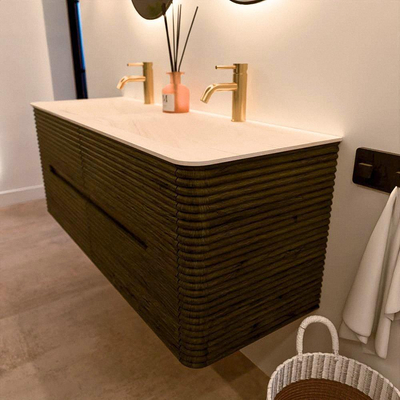 Mondiaz CIRO-DLUX Badkamermeubelset - 130x45x50cm - Solid surface wastafel Meli - 2 wasbak Dubbel - 2 kraangaten - 4 lades - Shadow