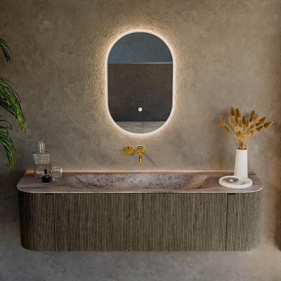 MONDIAZ KURVE-DLUX 160cm badmeubel ronding Links + Rechts kleur Shadow met 1 lade en 2 deuren. Wastafel BIG MEDIUM Midden zonder kraangat Oza.