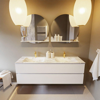 Mondiaz VICA-DLUX ensemble de meuble de salle de bain - 150cm - meuble sous-vasque talc - 2 tiroirs - lavabo encastré cloud double - 2 trous de robinet - version haute de 60cm - glace