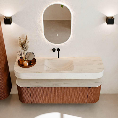 MONDIAZ THOR-DLUX 150cm meuble de salle de bains arrondi gauche + droite couleur Ruby avec 1 tiroir et 2 portes. Vasque suspendue CLOUD Milieu sans trou de robinet couleur Meli.