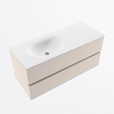 Mondiaz VICA ensemble de meuble de salle de bain - 110cm - meuble sous-vasque lin - 2 tiroirs - lavabo lune gauche - sans trous de robinet - version haute de 60cm - talc