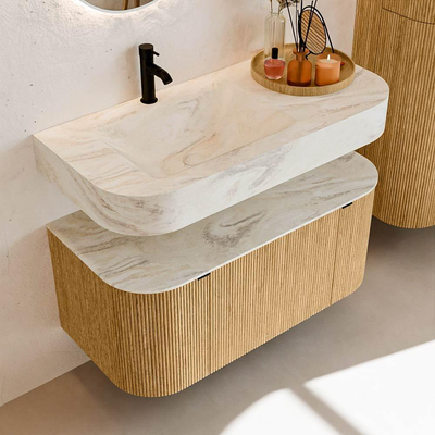 MONDIAZ THOR-DLUX 100cm meuble de salle de bains arrondi gauche + droite couleur Oak avec 1 tiroir et 2 portes. Vasque suspendue CLOUD Gauche 1 trou de robinet couleur Ostra.