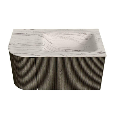 MONDIAZ KURVE-DLUX meuble de salle de bains 85cm arrondi gauche couleur Shadow avec 1 tiroir et 1 porte. Lavabo CLOUD droit 1 trou de robinet Nata.