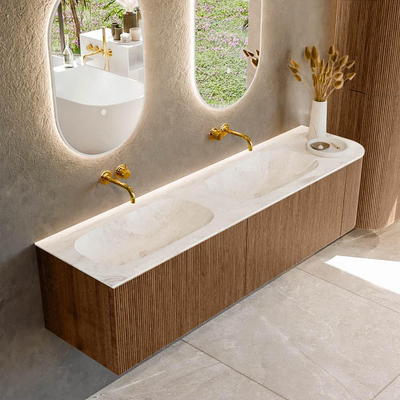 MONDIAZ KURVE-DLUX 175cm Meuble salle de bain avec module 25 D - couleur Walnut - 2 tiroirs - 1 porte - vasque STOR SMALL double / gauche - sans trou de robinet - couleur Frappe