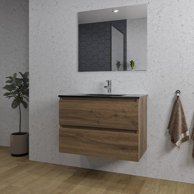 Saniclass Chaci Ensemble meuble de salle de bains - 80x46x55cm - lavabo céramique noir - 1 vasque - 1 trou de robinet - 2 tiroirs - miroir rectangulaire - noyer (bois)