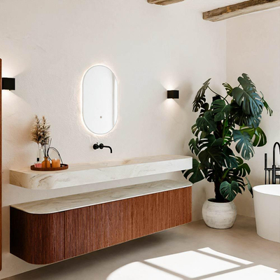 MONDIAZ THOR-DLUX Meuble de salle de bains - 200cm - arrondi gauche + droite - couleur Ruby - 2 tiroirs - 2 portes - Vasque suspendue CLOUD Milieu sans trou de robinet - couleur Ostra