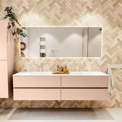 MONDIAZ Vica Ensemble meuble de salle de bains - 190cm - meuble sous-vasque rosee - 4 tiroirs - lavabo moon double - 2 trous de robinet - version haute 60cm - talc