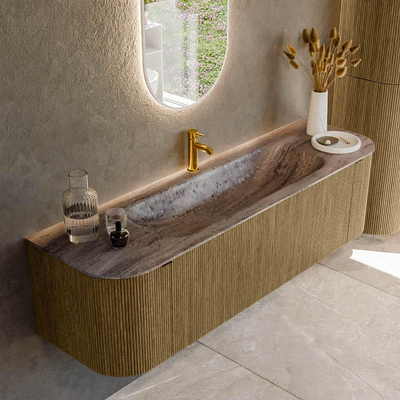 MONDIAZ KURVE-DLUX 160cm meuble de salle de bains arrondi Gauche + Droite couleur Dusk avec 1 tiroir et 2 portes. Lavabo BIG MEDIUM Milieu 1 trou de robinet Oza.