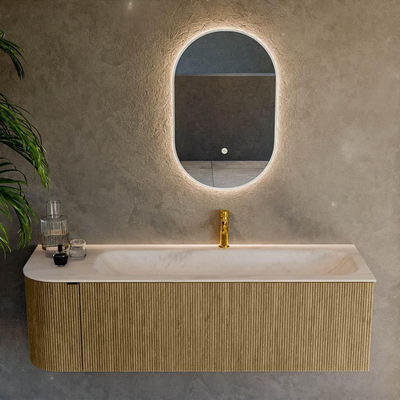 MONDIAZ KURVE-DLUX 145cm badmeubel ronding Links kleur Dusk met 1 lade en 1 deur. Wastafel BIG LARGE Rechts 1 kraangat Meli.
