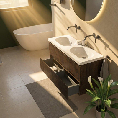 Saniclass Holz Atelier Ensemble de meubles de salle de bains - 120x45x63.5cm - lavabo en céramique Palermo blanc - 2 vasques - sans trous de robinetterie - 2 tiroirs - chêne charcoal mat (bois)