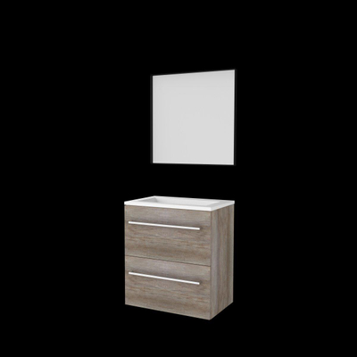Basic-Line meuble de salle de bain 39 encadré ensemble 60x39cm avec poignées 2 tiroirs lavabo acrylique 0 trous de robinetterie miroir cadre aluminium noir mat tout autour mfc scotch oak