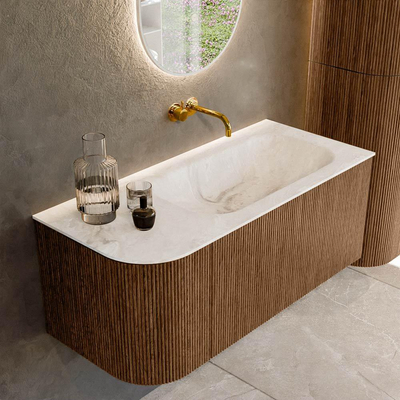 MONDIAZ KURVE-DLUX 105cm Meuble salle de bain avec module 25 G - couleur Walnut - 1 tiroir - 1 porte - vasque BIG SMALL droite - sans trou de robinet - couleur Frappe