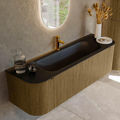 Mondiaz KURVE Ensemble de meuble salle de bain - 150x46x40cm - 1 tiroir - 2 portes - lavabo en solid surface - milieu - 1 trou de robinet - Dusk
