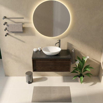 Saniclass Holz Frame Ensemble meuble de salle de bains - 100x45x43cm - Plan vasque en basalte Noche poli (noir) - 1 trou de robinet - 1 tiroir - chêne charcoal mat (bois)