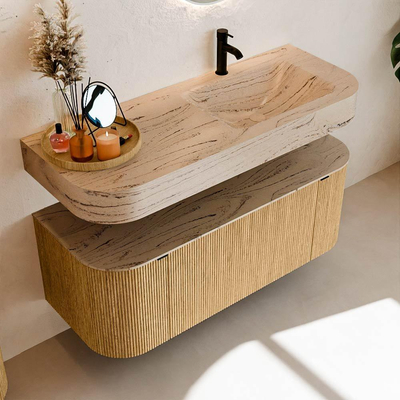 MONDIAZ THOR-DLUX 120cm badmeubel ronding links + rechts kleur Oak met 1 lade en 2 deuren. Vrijhangende wastafel CLOUD Rechts 1 kraangat kleur Arena.