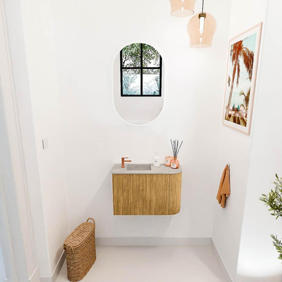 Mondiaz JOYA-DLUX 61.6cm toiletmeubel - ronding rechts kleur Oak - Wastafel FAYE positie Links 1 kraangat kleur Glace.