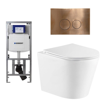 QeramiQ Dely Toiletset - 36.3x51.7cm - diepspoel - rimless - Geberit UP320 inbouwreservoir - softclose toiletzitting - koperen bedieningsplaat - ronde knoppen - wit glans