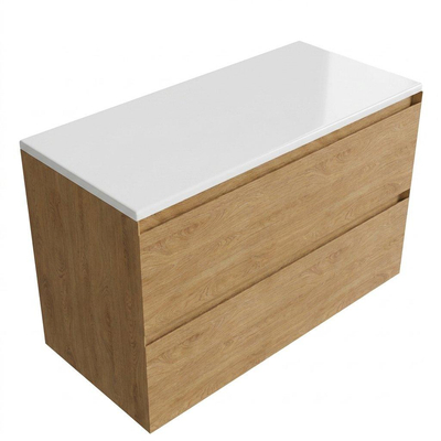 Saniclass Holz Pure Ensemble de meubles de salle de bains - 100x45x62.5cm - plan de toilette Torino en solid surface blanc - sans trou de robinetterie - 2 tiroirs - chêne natural mat (bois)