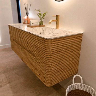 Mondiaz CIRO-DLUX Meuble de salle de bains - 140x45x50cm - lavabo solid surface Glace - 1 vasque à droite - 1 trou de robinet - 4 tiroirs - chêne