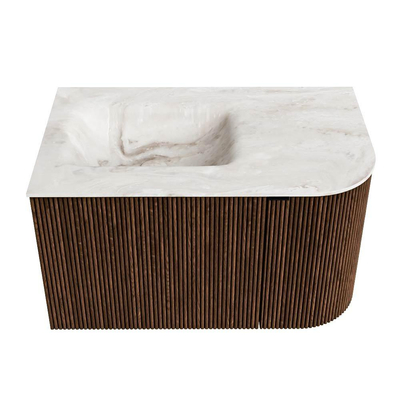 MONDIAZ KURVE-DLUX meuble de salle de bains 75 cm avec module 25 R couleur Walnut avec 1 tiroir et 1 porte. Lavabo GRUNNE gauche 1 trou de robinet couleur Frappe.