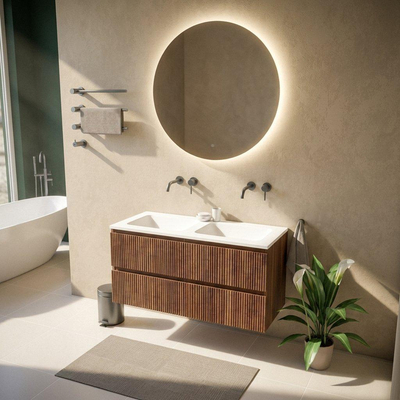 Saniclass Holz Atelier Ensemble meuble de salle de bains - 120x45x77.5cm - lavabo Torino en solid surface blanc - sans trou de robinet - 2 tiroirs - walnut pure mat (bois)