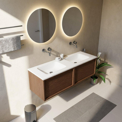Saniclass Holz Frame Ensemble de meubles de salle de bains - 140x45x57.5cm - lavabo Torino en solid surface blanc - sans trou de robinetterie - 2 tiroirs - noyer pure mat (bois)