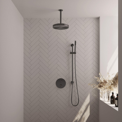 BRAUER Stripe Thermostatische Inbouw Regendouche - 3-weg - rond - SET 45 - 25cm douchekop - plafondarm - staaf handdouche - doucheslang - geïntegreerde glijstang - gunmetal geborsteld PVD