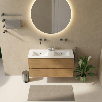 Saniclass Holz Pure Ensemble de meubles de salle de bains - 120x45x62cm - lavabo Vygo en céramique blanc - 2 vasques - sans trous de robinetterie - 4 tiroirs - chêne natural mat (bois)
