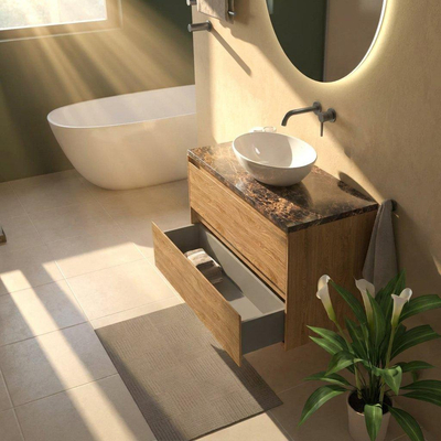 Saniclass Holz Pure Ensemble de meubles de salle de bains - 100x45x63cm - Plan en pierre naturelle Noche dark emperador - sans trou de robinet - 2 tiroirs - chêne natural mat (bois)