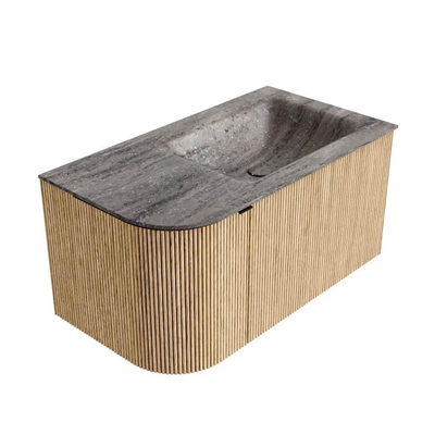 MONDIAZ KURVE-DLUX 85cm badmeubel ronding Links kleur Oak met 1 lade en 1 deur. Wastafel CLOUD Rechts 1 kraangat Oza.