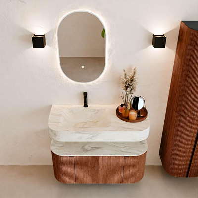 MONDIAZ THOR-DLUX 100cm meuble de salle de bains arrondi gauche + droite couleur Ruby avec 1 tiroir et 2 portes. Vasque suspendue CLOUD Gauche 1 trou de robinet couleur Ostra.