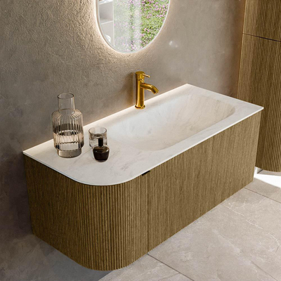 Mondiaz KURVE-DLUX Badkamermeubelset - 105x46x40cm - 1 lade - 1 deur - wastafel solid surface - rechts - 1 kraangat - Dusk