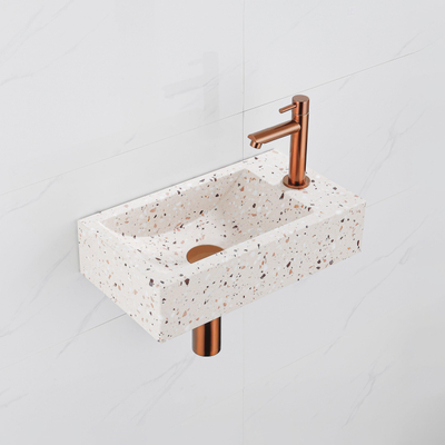 Saniclass Fuente Fonteinset - 40x22x10cm - kraangat rechts - fonteinkraan geborsteld koper PVD - afvoerplug - verlaagd sifon - mat beige