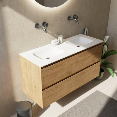 Saniclass Holz Pure Ensemble de meuble de salle de bains - 120x45x61.5cm - lavabo Flow en Solid Surface blanc - 2 vasques - sans trous de robinetterie - 4 tiroirs - chêne natural mat (bois)