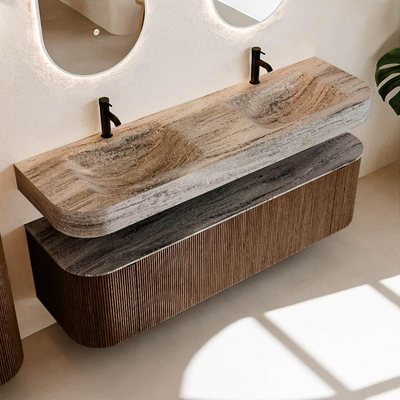 MONDIAZ THOR-DLUX 160cm meuble de salle de bains arrondi gauche + droite couleur Walnut avec 1 tiroir et 2 portes. Vasque suspendue CLOUD Double 2 trous de robinet couleur Oza.