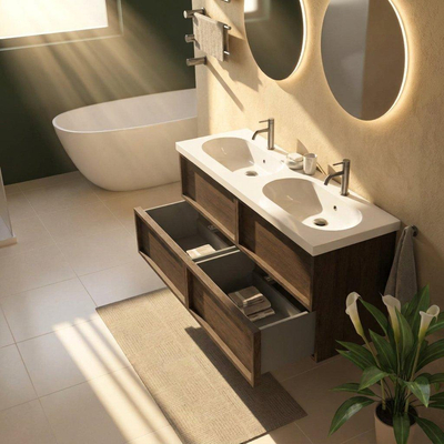Saniclass Holz Frame Ensemble meuble de salle de bains - 140x45x63.5cm - lavabo Palermo en céramique blanc - 2 vasques - 2 trous de robinetterie - 4 tiroirs - chêne charcoal mat (bois)