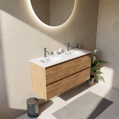 Saniclass Holz Pure Ensemble meuble de salle de bains - 120x45x74cm - Lavabo Chaci en céramique blanc - 2 vasques - 2 trous de robinetterie - 4 tiroirs - chêne natural mat (bois)