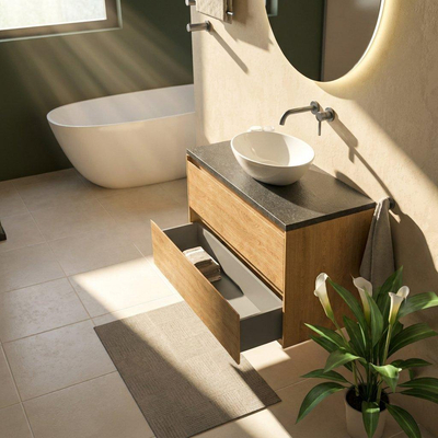 Saniclass Holz Pure Ensemble meuble de salle de bains - 100x45x63cm - plan vasque en basalte Noche poli (noir) - sans trou de robinet - 2 tiroirs - chêne natural mat (bois)