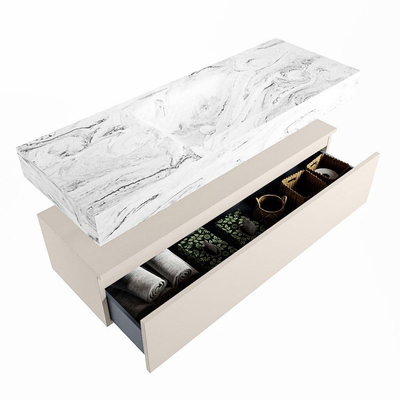 Mondiaz ALAN-DLUX Ensemble de meuble - 130cm - meuble Linen mat - 1 tiroir - Lavabo Cloud Glace suspendu - vasque Centre - 0 trous de robinet
