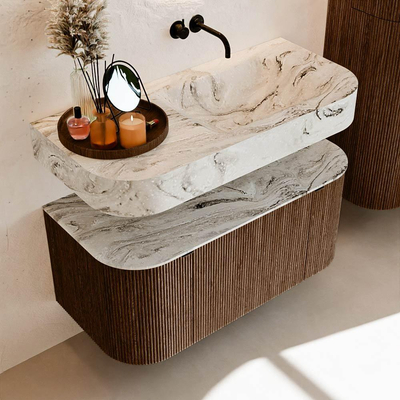 MONDIAZ THOR-DLUX 100cm meuble de salle de bains arrondi gauche + droite couleur Walnut avec 1 tiroir et 2 portes. Vasque suspendue CLOUD droite sans trou de robinet couleur Glace.