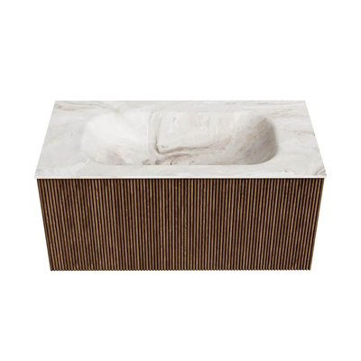 MONDIAZ KURVE-DLUX 90cm Meuble salle de bain - couleur Walnut - 1 tiroir - vasque BIG SMALL centre - 1 trou de robinet - couleur Frappe