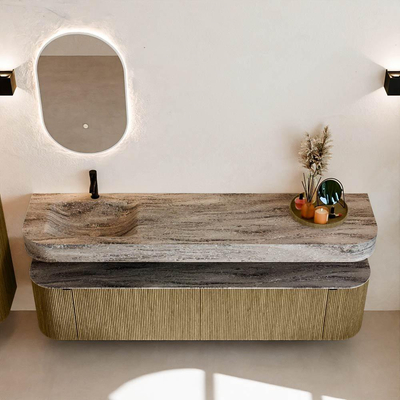 MONDIAZ THOR-DLUX Meuble de salle de bains 190cm arrondi gauche + droite couleur Dusk avec 2 tiroirs et 2 portes. Vasque suspendue CLOUD Gauche 1 trou de robinet couleur Oza.