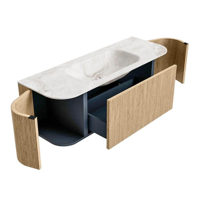 MONDIAZ KURVE-DLUX Meuble de salle de bains 130 cm avec module 25 Len R couleur Chêne avec 1 tiroir et 2 portes. Plan-vasque BIG SMALL central 1 trou de robinet couleur Frappe.