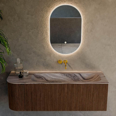 MONDIAZ KURVE-DLUX 135cm badmeubel ronding Links kleur Walnut met 1 lade en 1 deur. Wastafel BIG MEDIUM Rechts zonder kraangat Sombra.