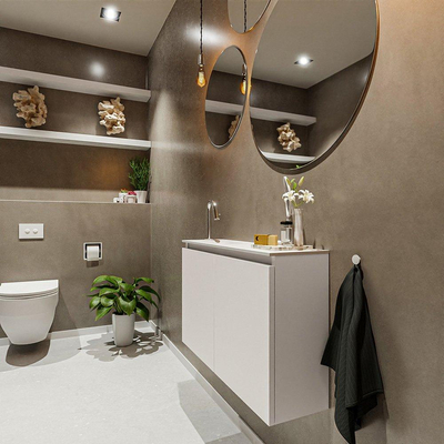 MONDIAZ TURE Kit lave-mains - 80x23x50cm - 1 trou de robinet - 2 portes - lin mat - Lavabo à gauche - Solid Surface Blanc