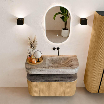 MONDIAZ THOR-DLUX 100cm badmeubel ronding links + rechts kleur Oak met 1 lade en 2 deuren. Vrijhangende wastafel CLOUD Rechts zonder kraangat kleur Oza.